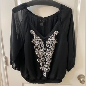 WHBM, XL, Black blouse with white embroidery
